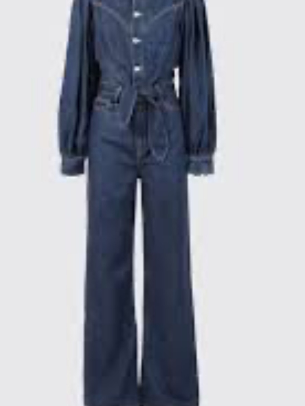 7 For All Mankind Indigo Denim Long-Sleeve Wide-Leg Jumpsuit with Tie Waist - Picture 3 of 8